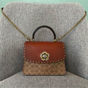 Coach Parker Top Handle Signature Canvas Tan/Black Crossbody Bag Flower Turnlock